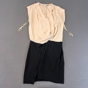 Diane Von Furstenberg DVF Reara Dress, Ivory/Black, Sz 4 Silk‎ Drape Top V Neck